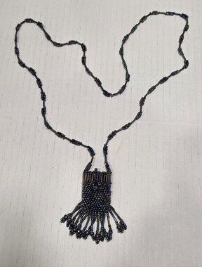Vintage Black Iridescent Seed Bugle Bead Amulet Fringe Purse Pendant Necklace